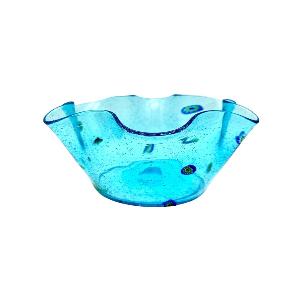 Vintage 1960s Murano Blue Murrine Millefiori Mouth Blown Glass Bowl